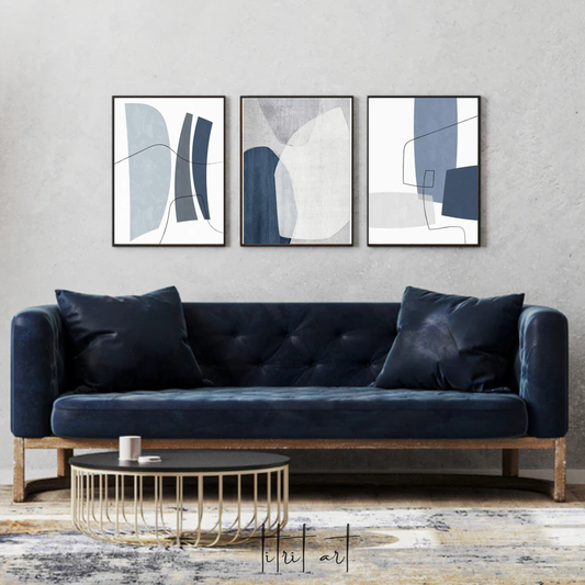Triptyque Abstrait Minimaliste – Tons Bleus & Gris
