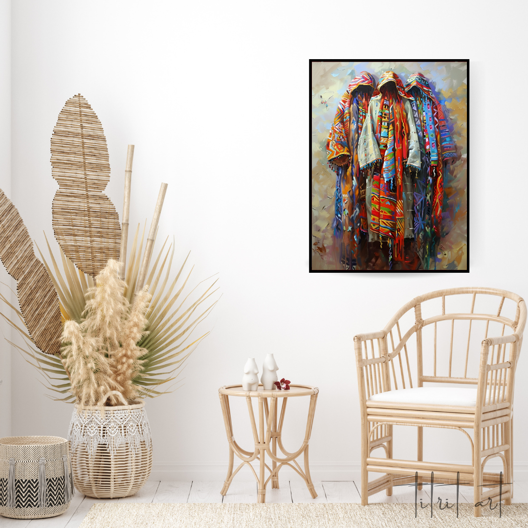 Tableau Déco – Figures en Djellaba et Tissus Berbères Colorés