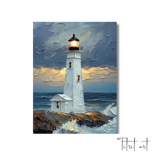 Radiant Lighthouse – Textured Seascape Oil Painting