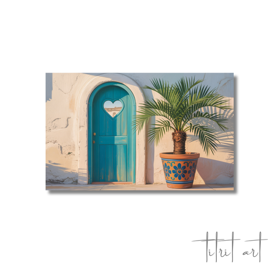 Porte turquoise et palmier – Tableau décoratif méditerranéen