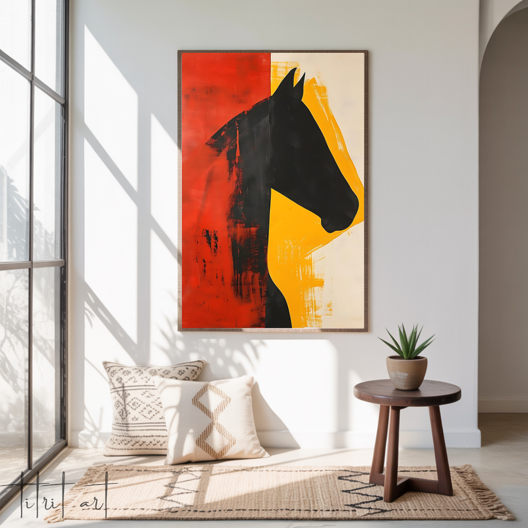 Tableau Silhouette Équestre Abstraite – Rouge et Jaune