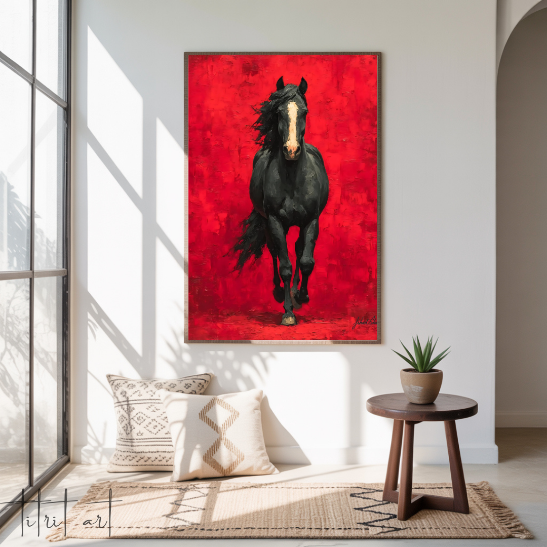 Cheval Noir en Mouvement – Fond Rouge Intense | Titrit Art