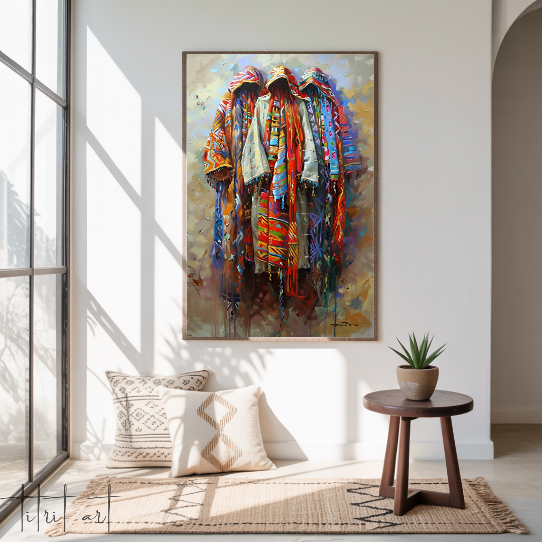 Tableau Déco – Figures en Djellaba et Tissus Berbères Colorés