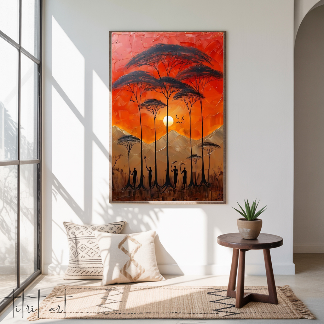 Tableau Coucher de Soleil Africain – Silhouettes et Arbres