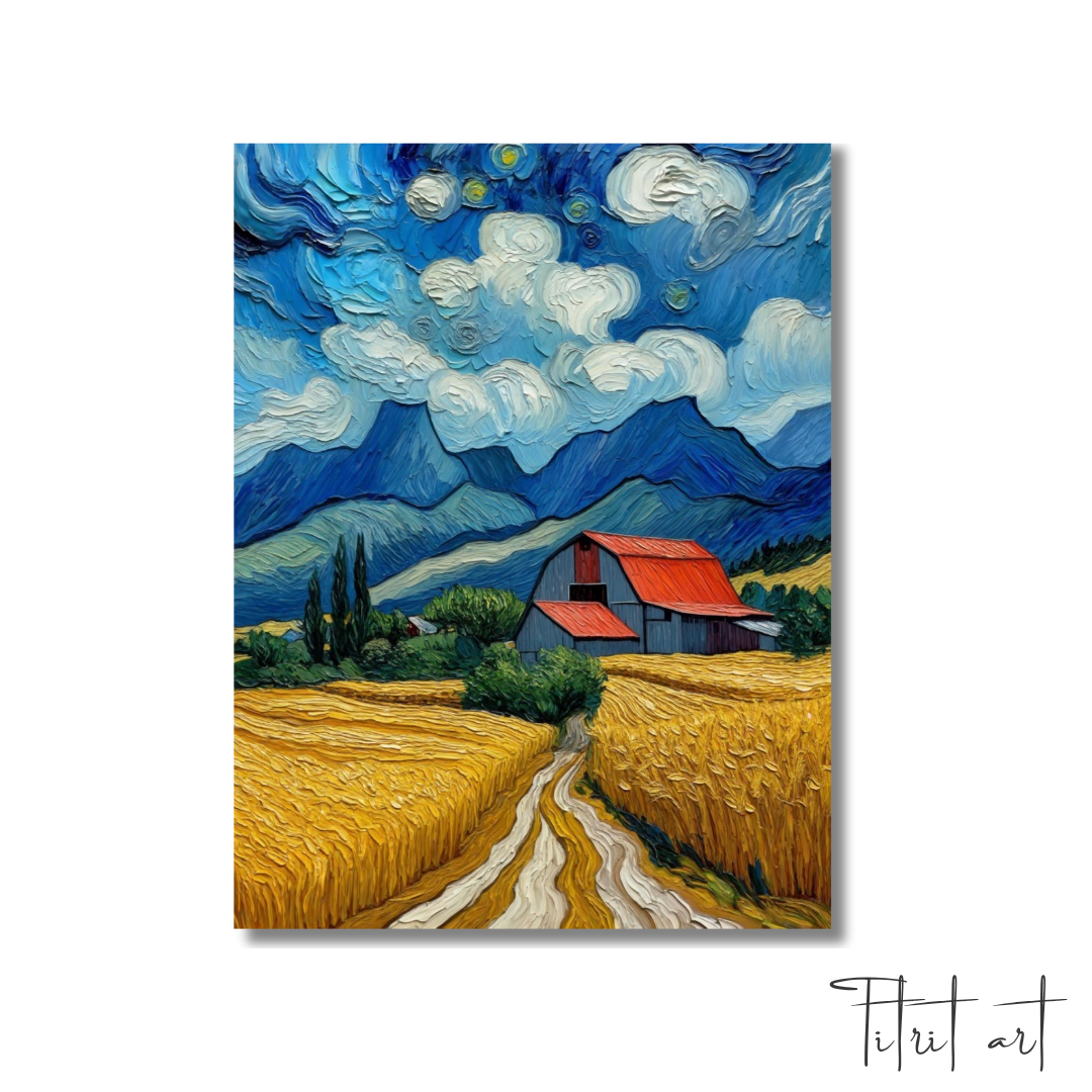 Champ Doré sous Ciel Tourbillonnant – Peinture Texturée Style Van Gogh