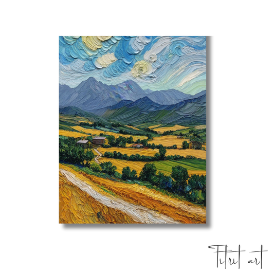 Vallée dorée au pied des montagnes – Peinture au couteau