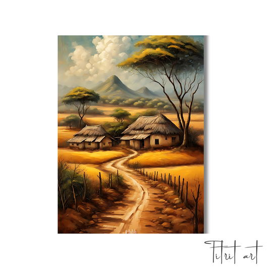 Tableau Déco – Village Africain Traditionnel au Paysage Doré