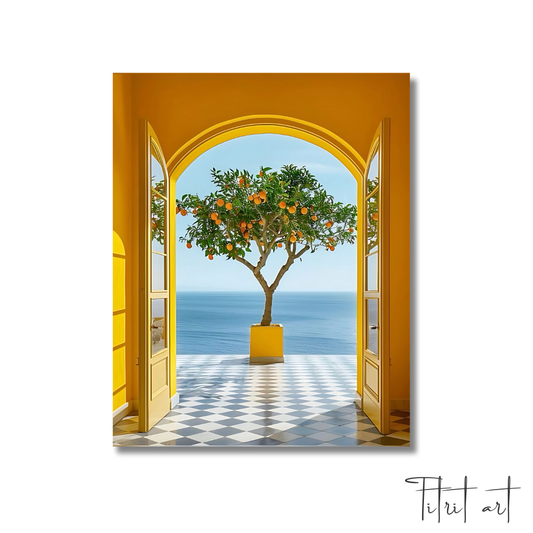 Peinture Murale Méditerranéenne – Porte Jaune et Oranger face à la Mer
