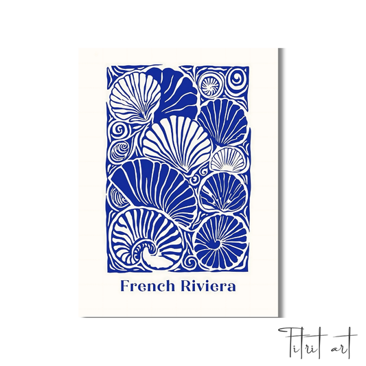 Affiche French Riviera – Illustration artistique coquillages bleus Titrit Art