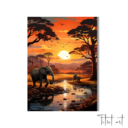 Tableau Déco – Safari Africain au Coucher du Soleil avec Éléphants