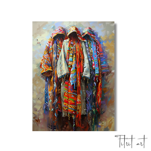 Tableau Déco – Figures en Djellaba et Tissus Berbères Colorés
