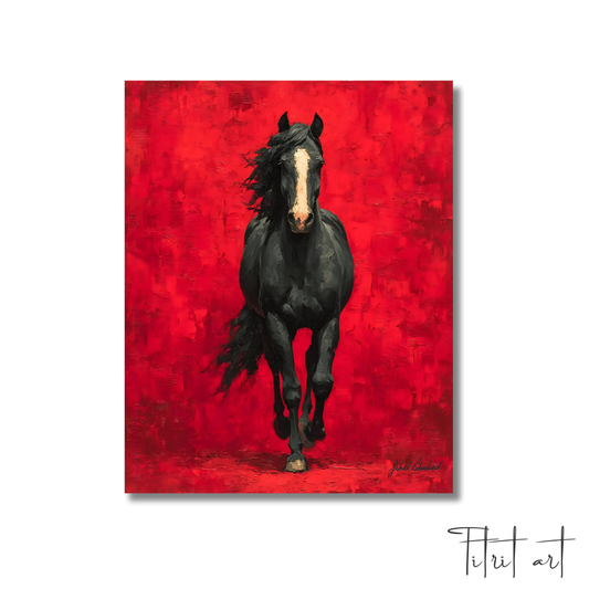 Cheval Noir en Mouvement – Fond Rouge Intense | Titrit Art