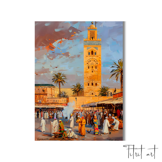 Peinture Murale Marrakech – Scène du Souk avec la Koutoubia