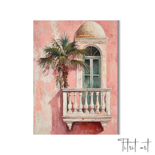 Peinture Murale Balcon Méditerranéen – Façade Rose et Palmier