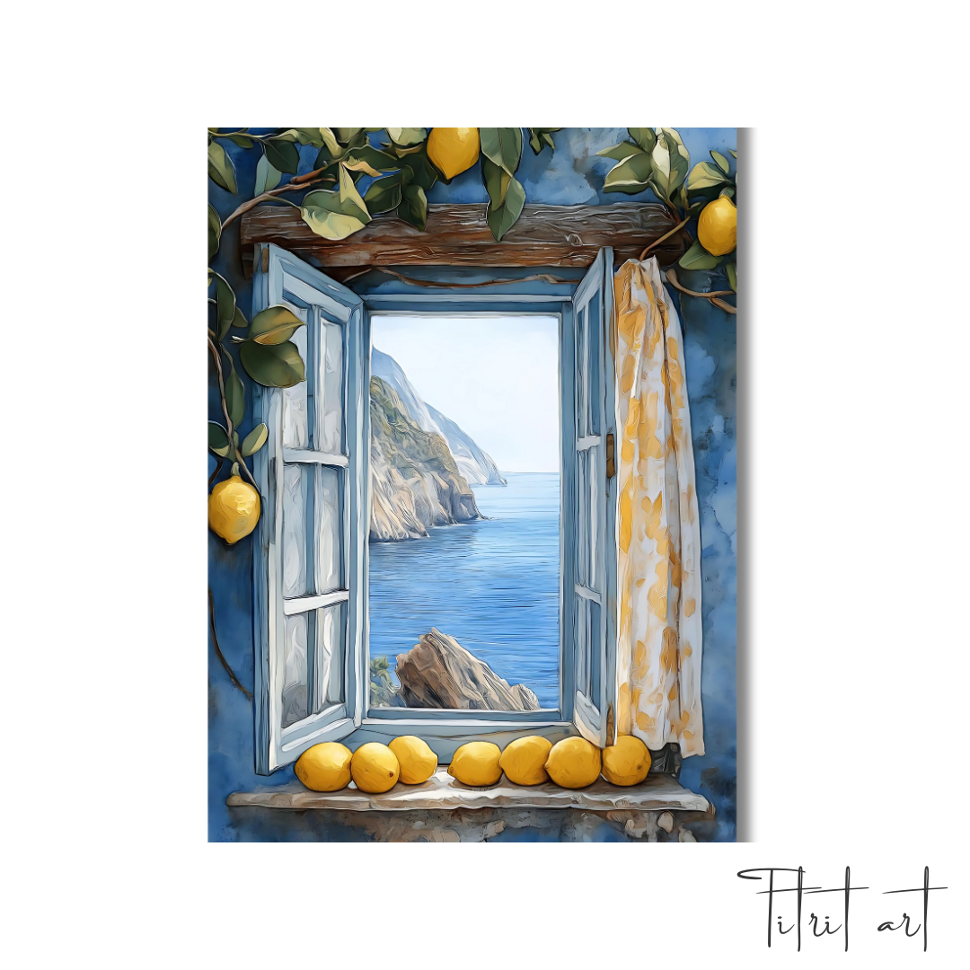 Peinture Murale Méditerranéenne – Fenêtre Bleue avec Citrons et Vue sur la Mer