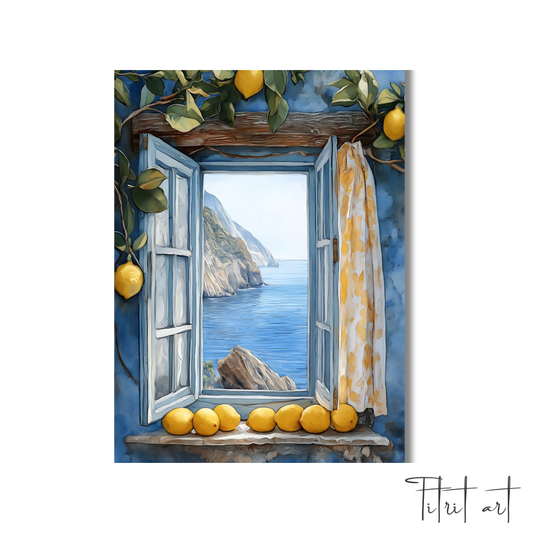 Peinture Murale Méditerranéenne – Fenêtre Bleue avec Citrons et Vue sur la Mer