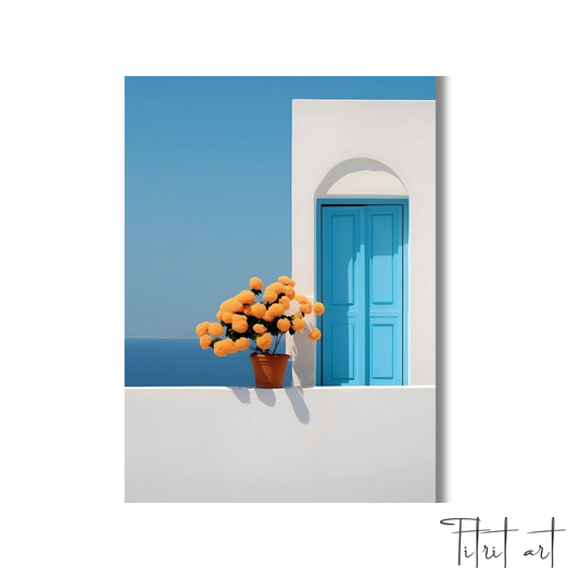 Peinture Murale Méditerranéenne – Porte Bleue et Fleurs Jaunes face à la Mer